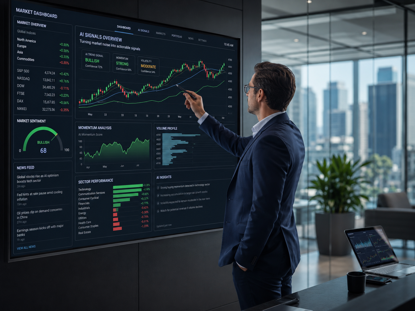 Executive reviewing an AI signals overview dashboard on a large screen.