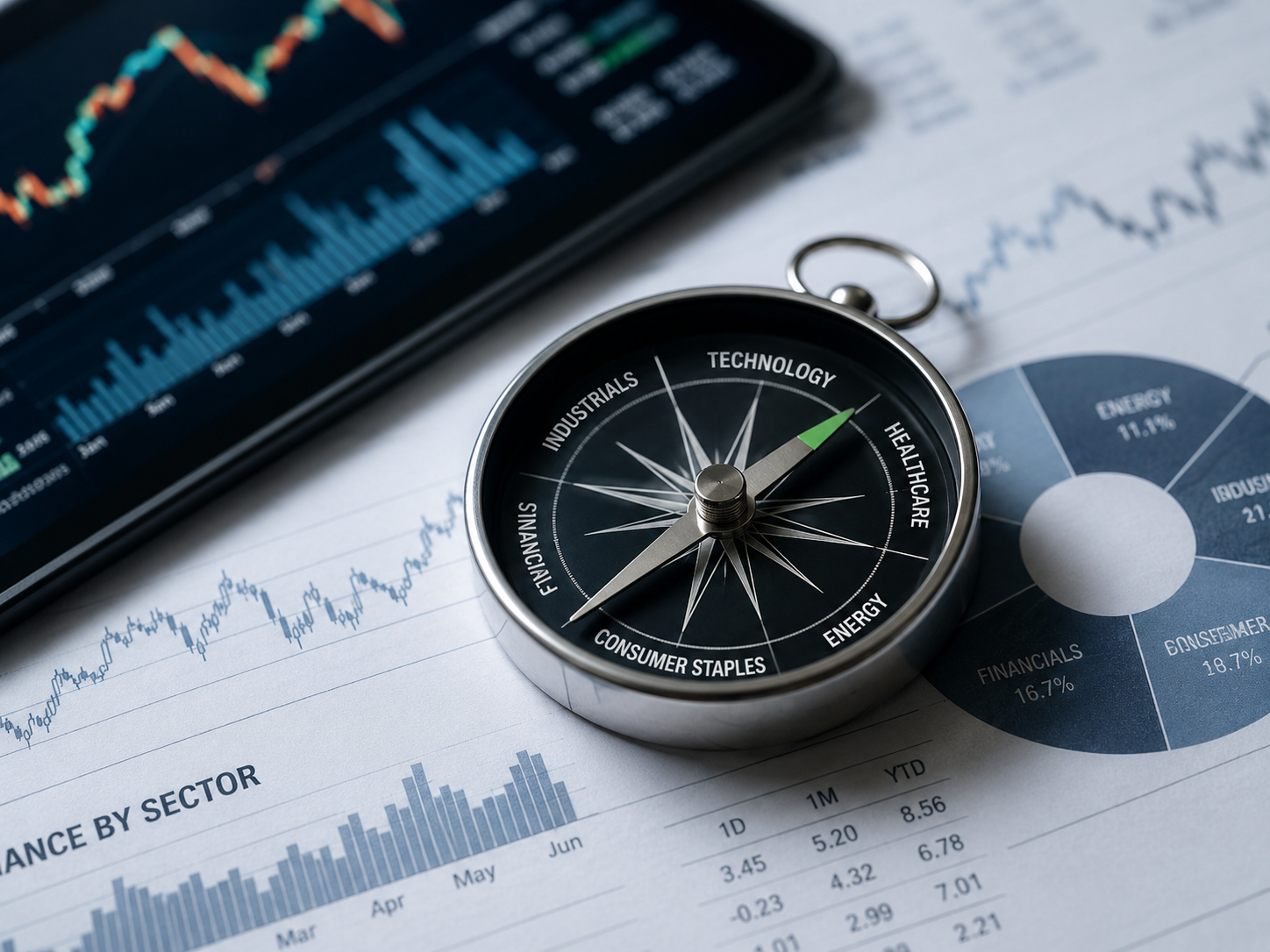 Compass overlaid on sector performance charts pointing toward Technology