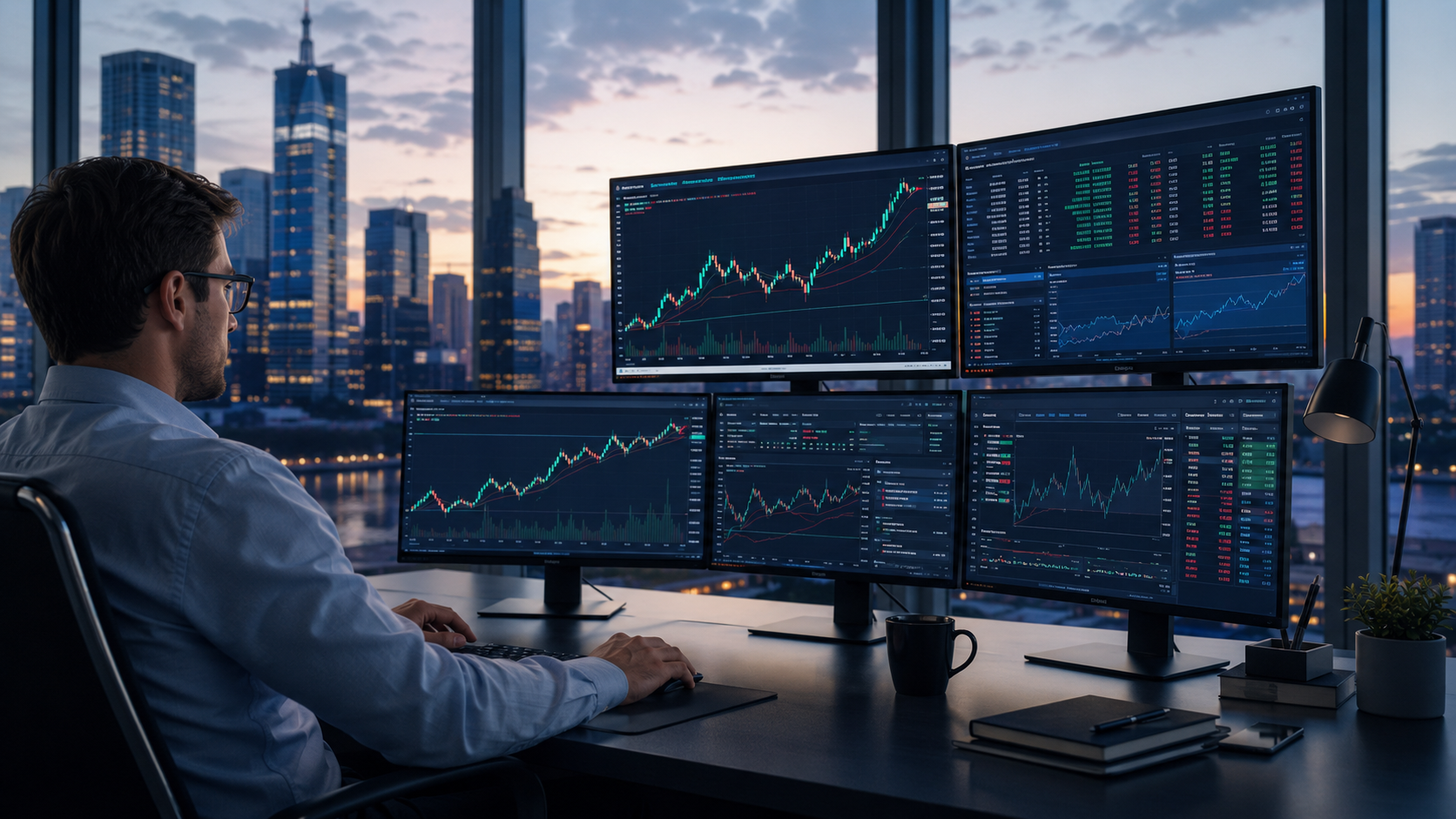 Trader at a multi-monitor desk reviewing trend charts with a city skyline at sunset