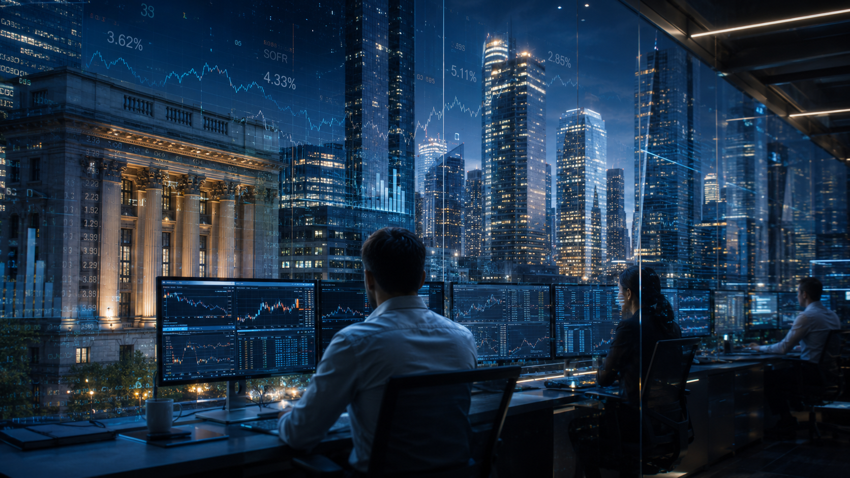 Analysts at multiple trading monitors with a financial district skyline and rate quotes behind them.