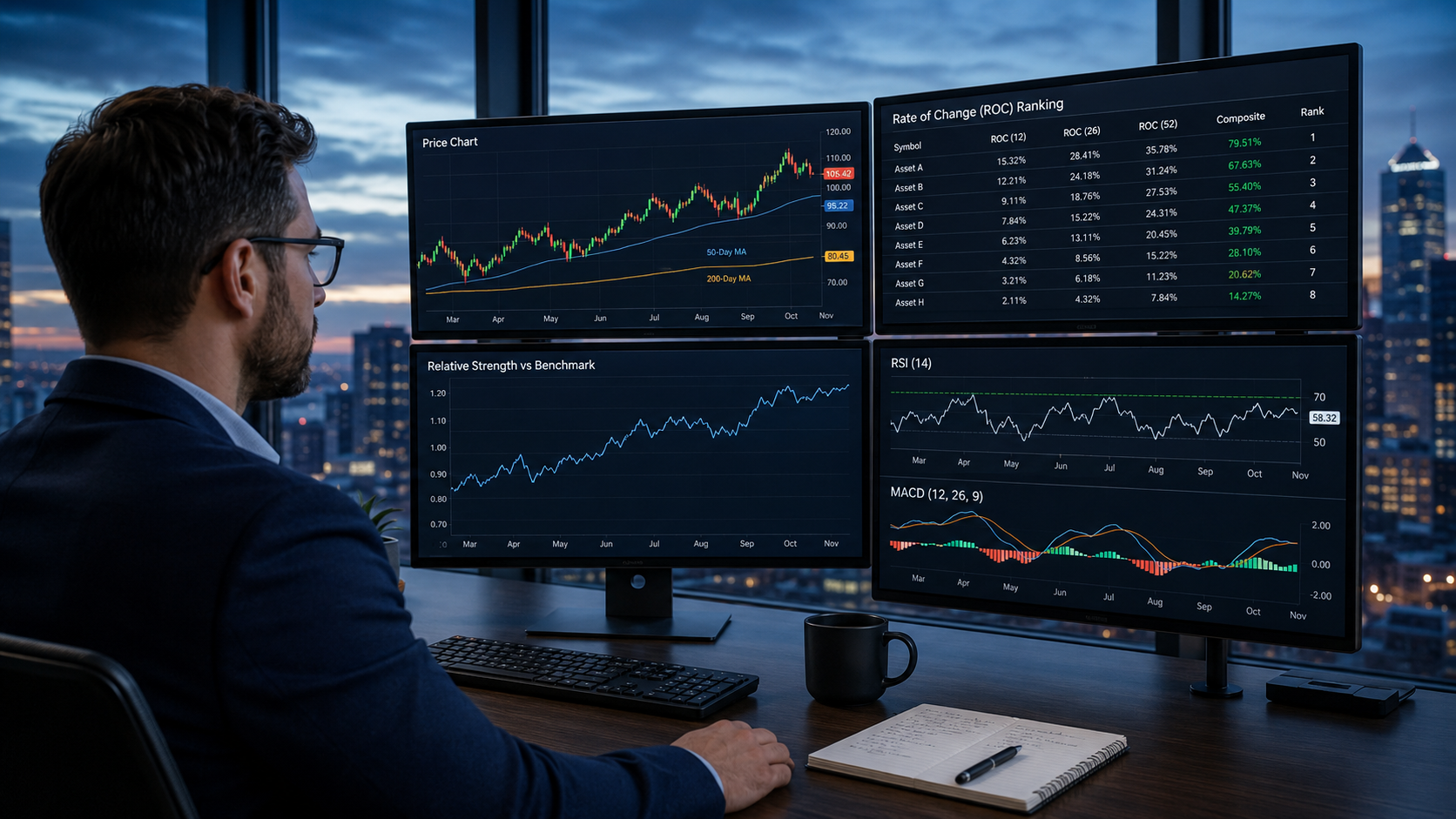 Four-panel trading dashboard showing price with moving averages, ROC ranking, relative strength versus benchmark, RSI and MACD.