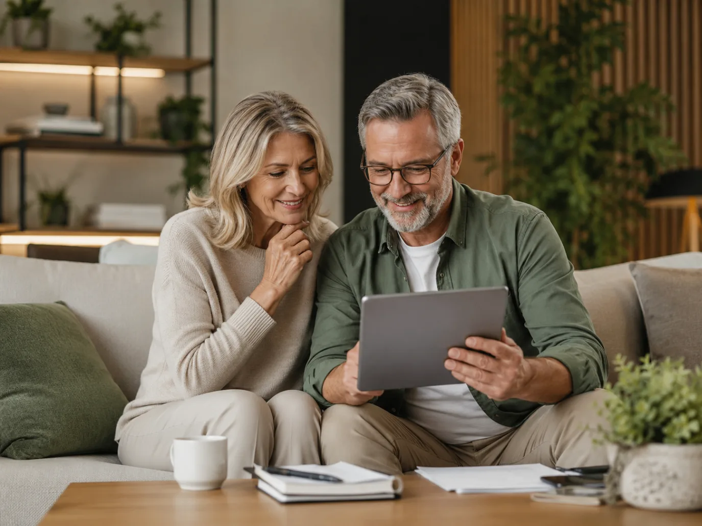 Mature couple reviewing a structured market strategy on a tablet at home