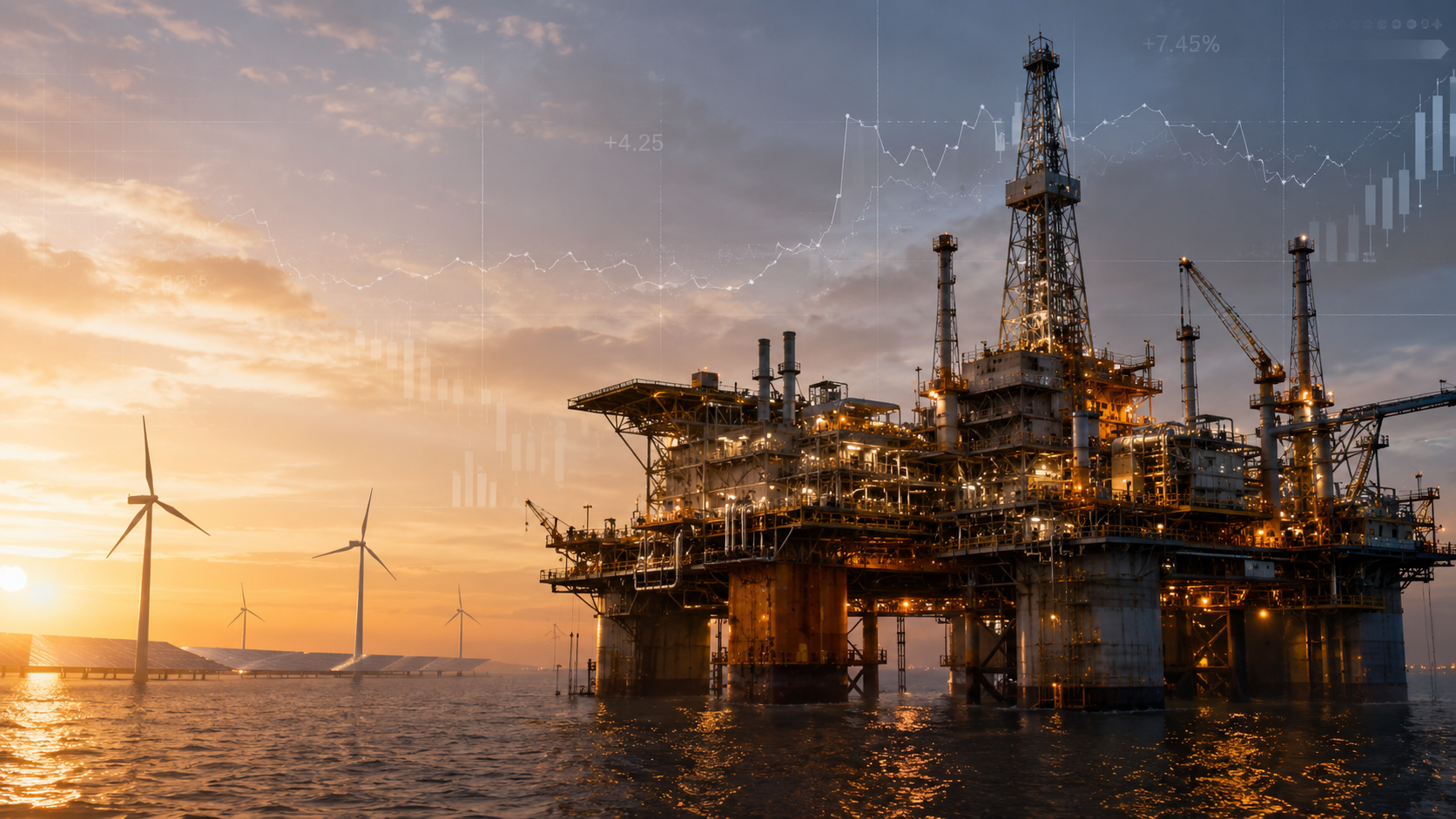 Offshore oil platform alongside wind turbines and solar panels at sunset, with market chart overlay.