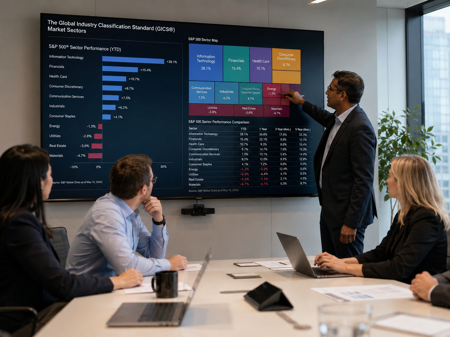 Analyst presenting S&P 500 sector performance bars, sector map and multi-year comparison table to a meeting room