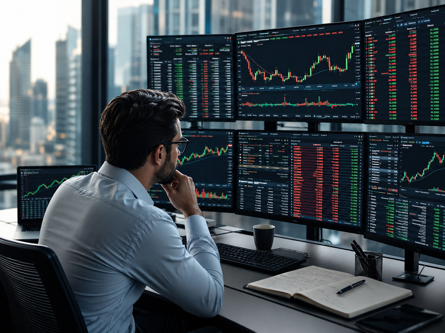 Trader reviewing live candlestick charts and order book data across multiple monitors.