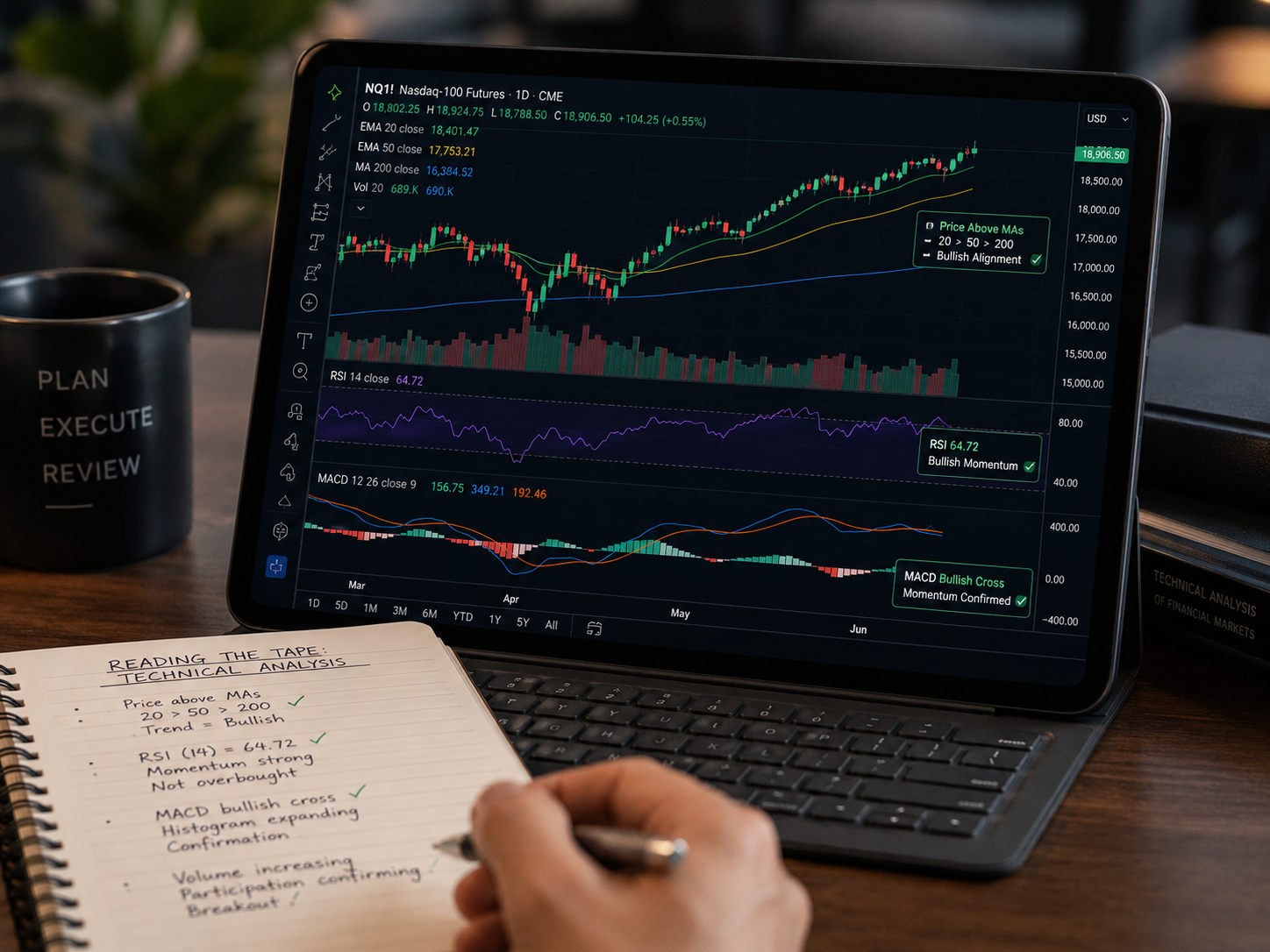Tablet showing moving averages, RSI and MACD next to a handwritten technical analysis checklist