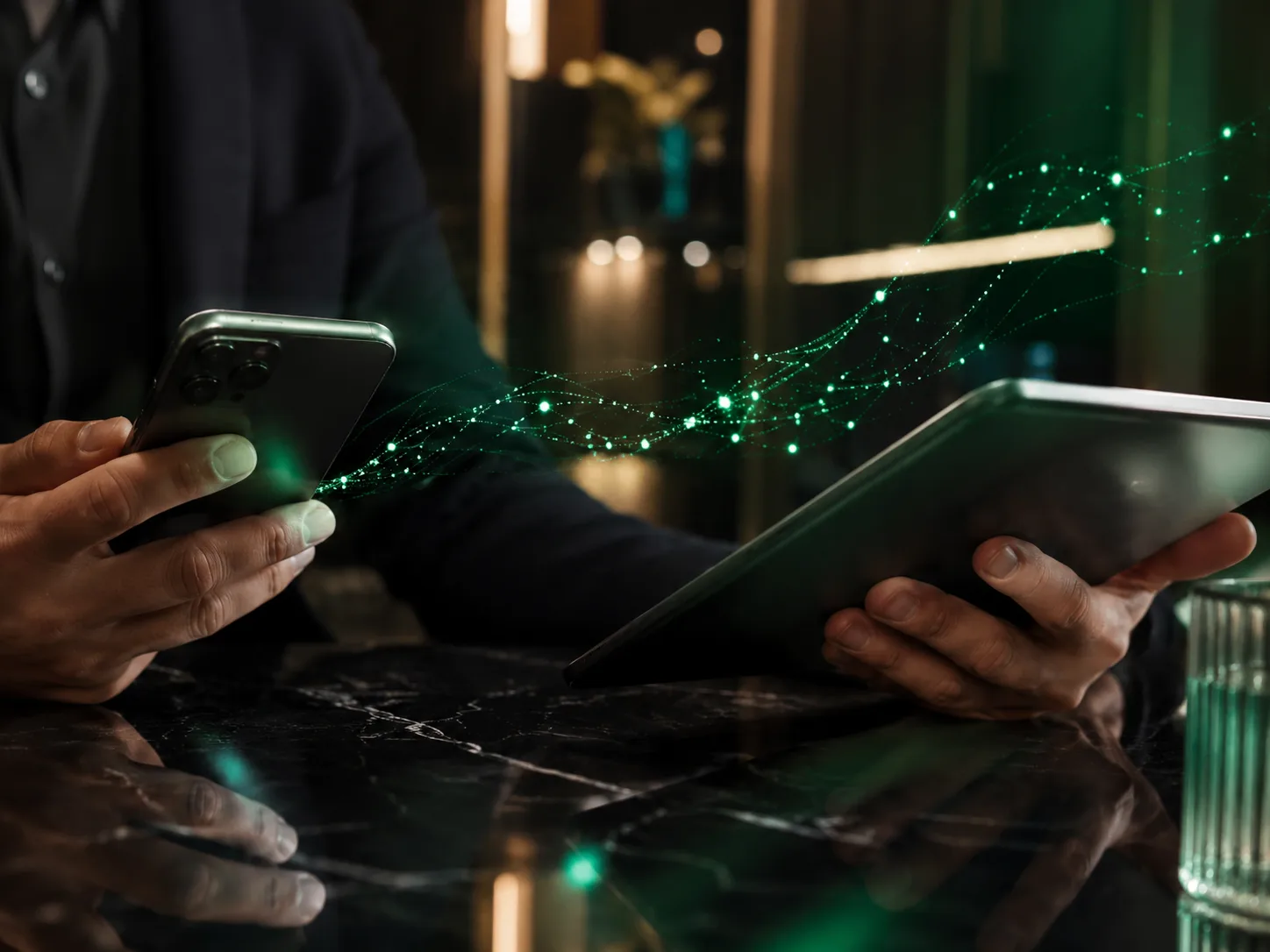 Phone and tablet with abstract market chart signals representing technical analysis