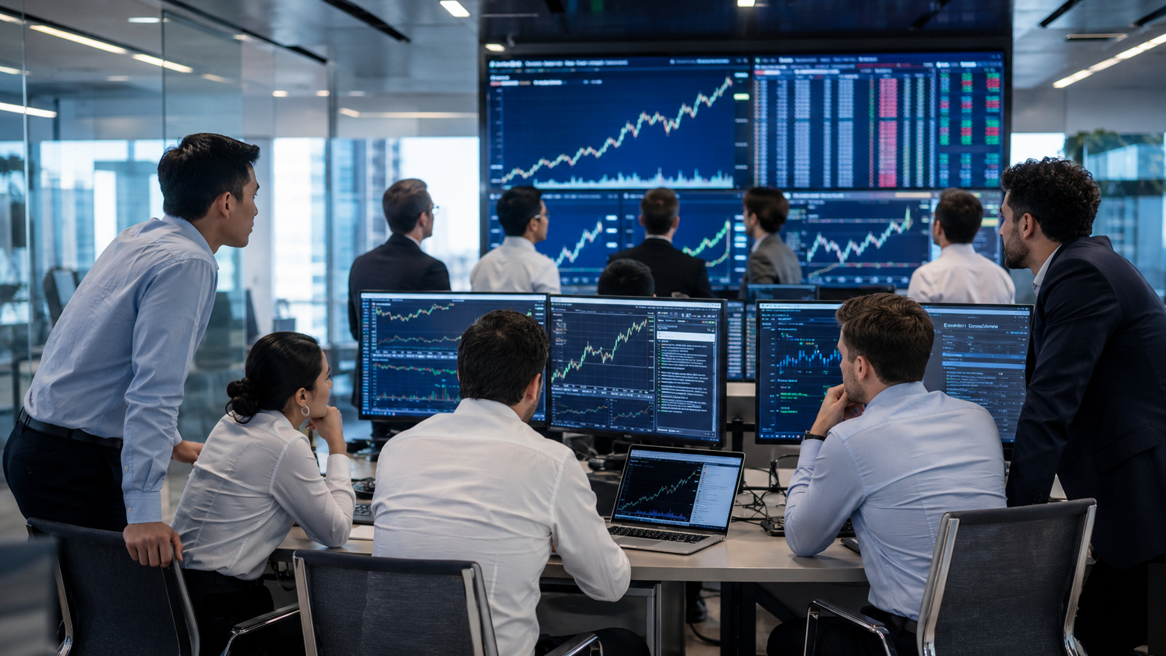 Team of traders gathered around a wall of charts and monitors on a trading floor
