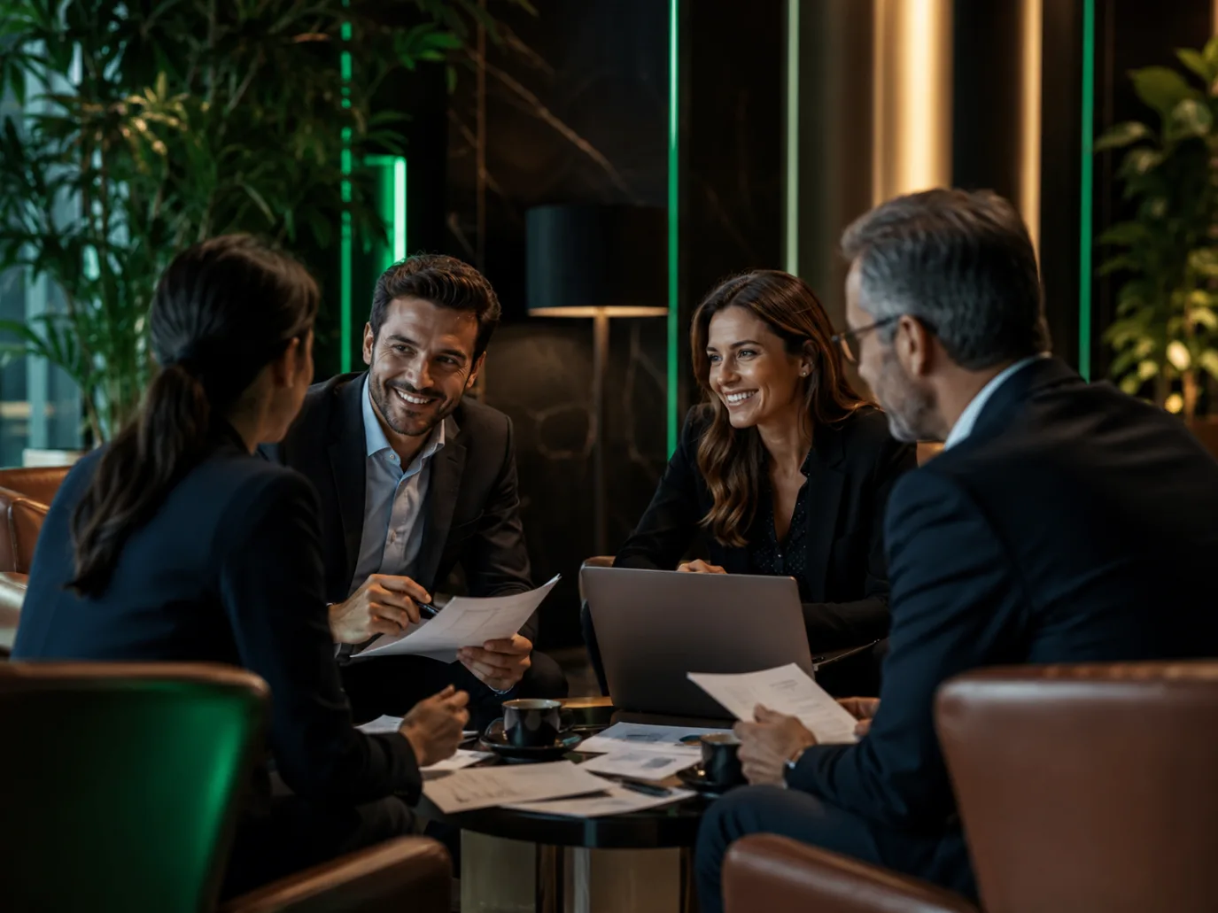 Team discussion in a premium lounge representing momentum and sector rotation analysis