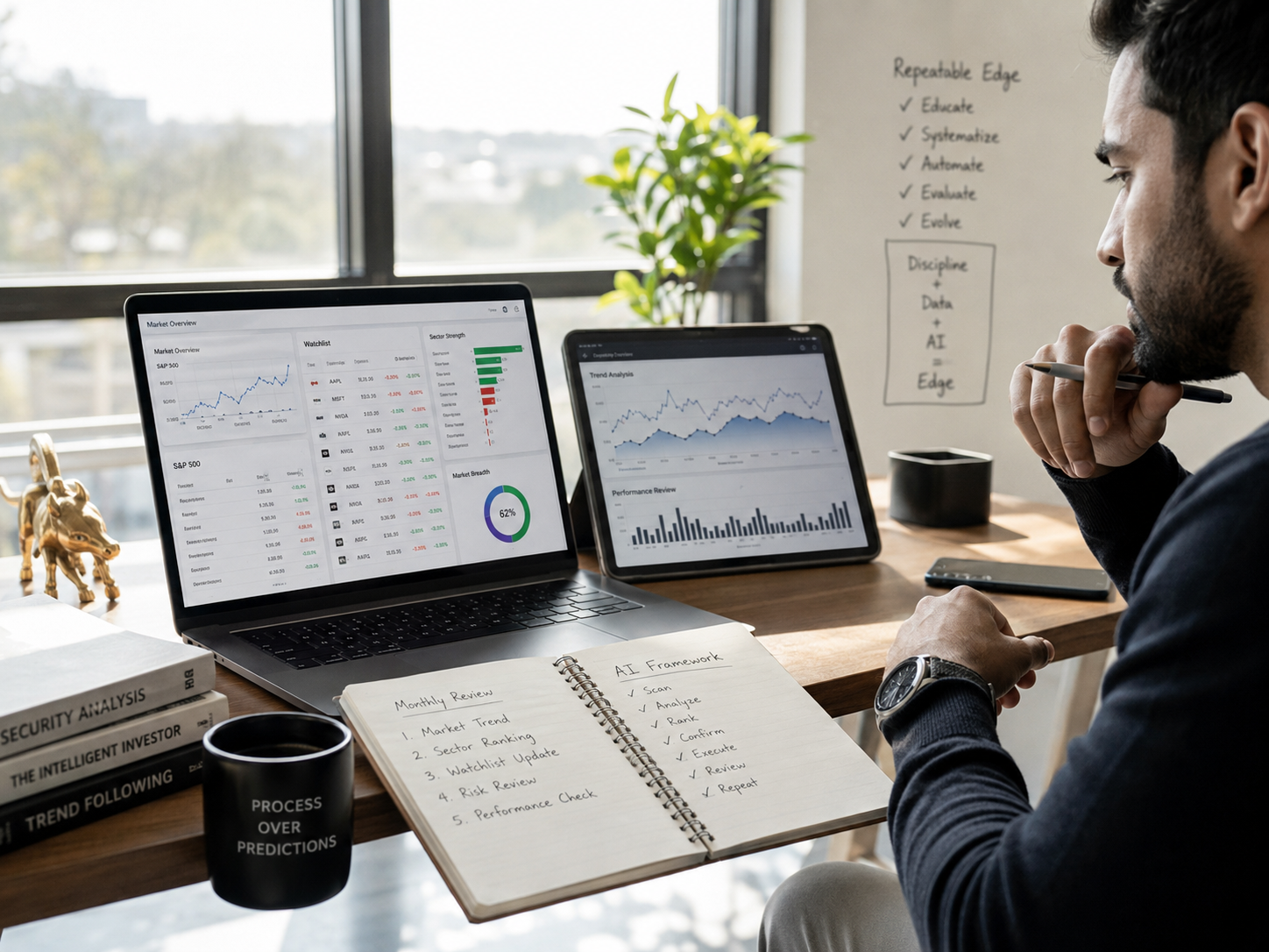 Investor at a desk with laptop showing watchlist and trend analysis, tablet with trend chart, and notebook listing a monthly review and AI framework