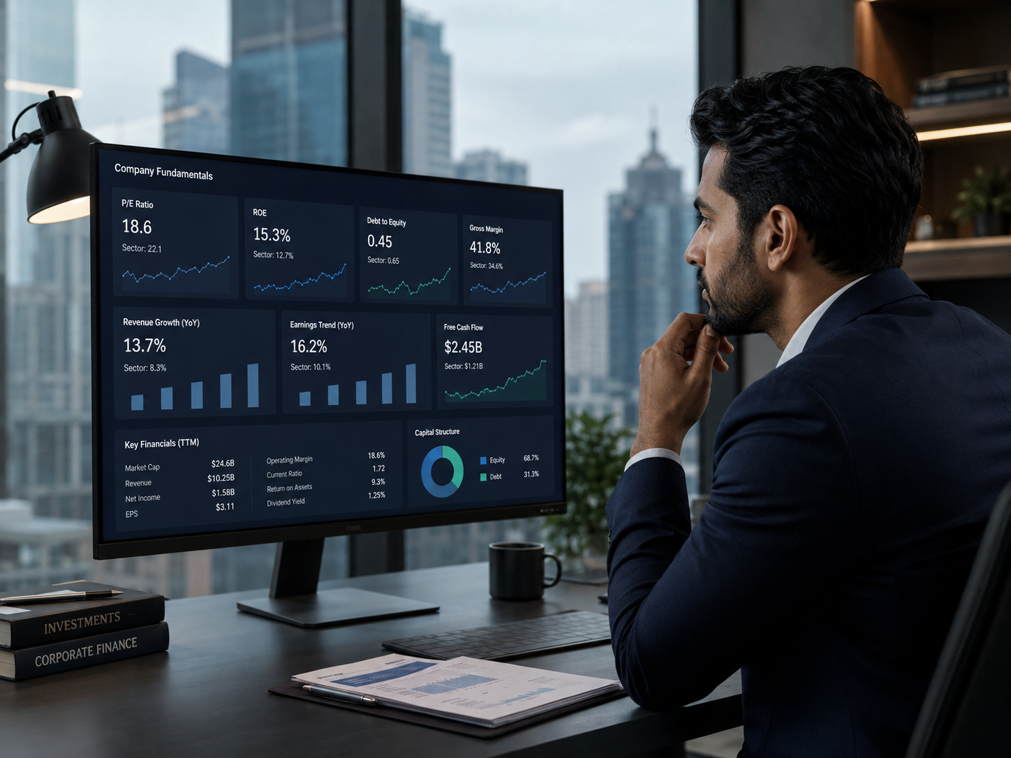 Monitor displaying fundamental valuation ratios