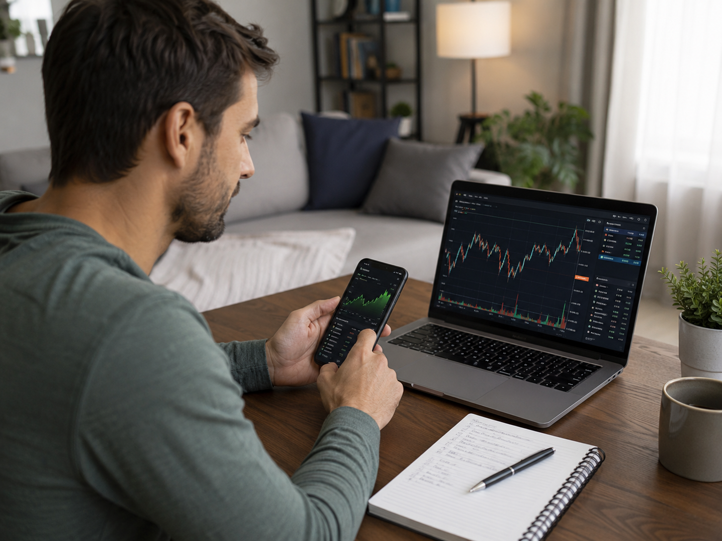 Individual investor checking a stock chart on a smartphone next to a laptop at a home desk.