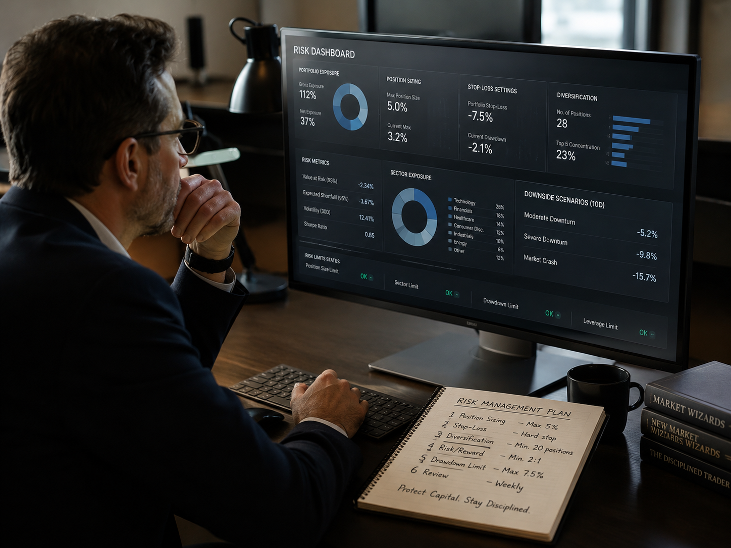 Investor reviewing a risk dashboard with portfolio exposure, position sizing and stop-loss metrics next to a handwritten risk management plan