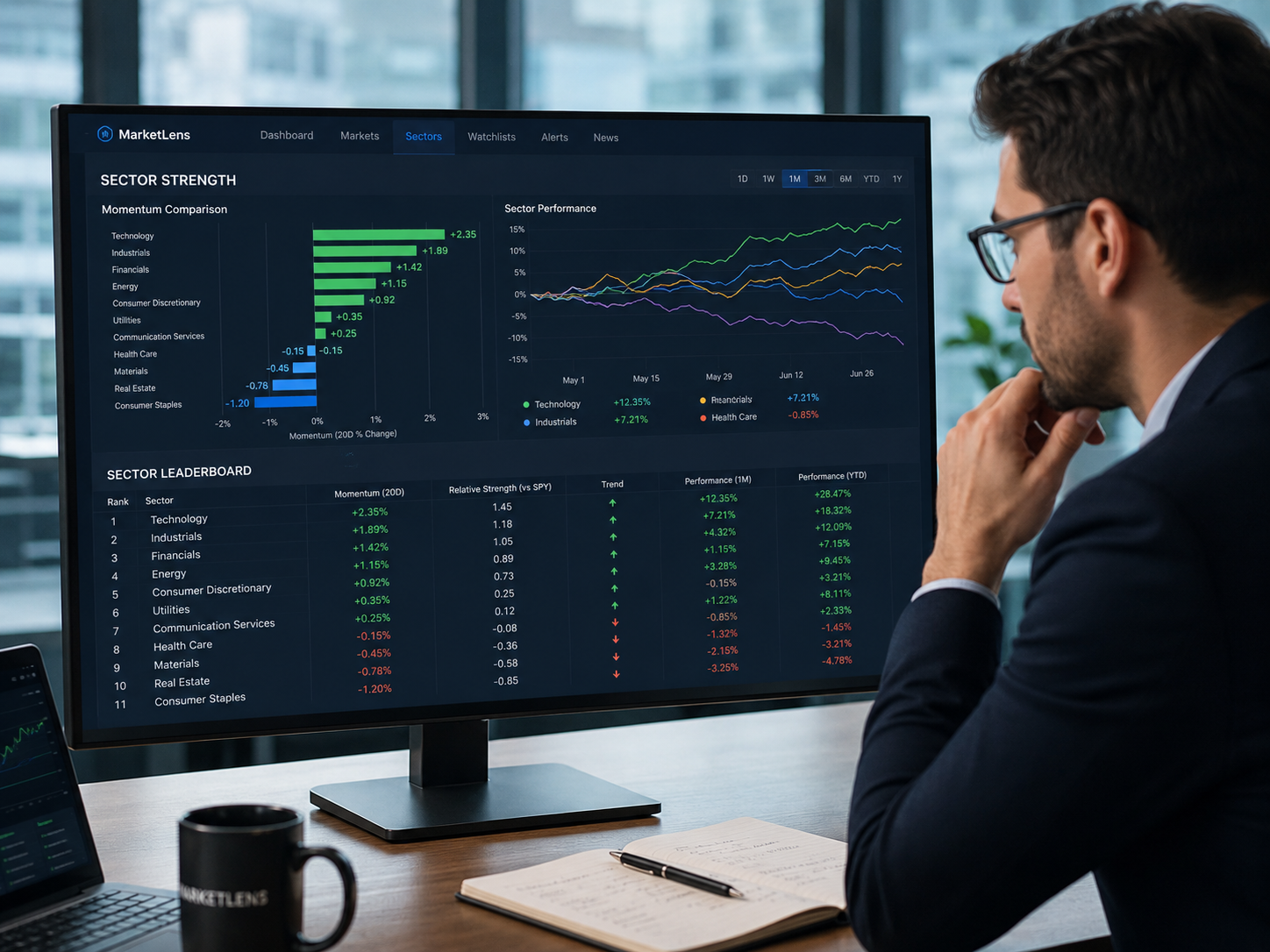 Sector strength dashboard with momentum comparison, sector performance chart and leaderboard