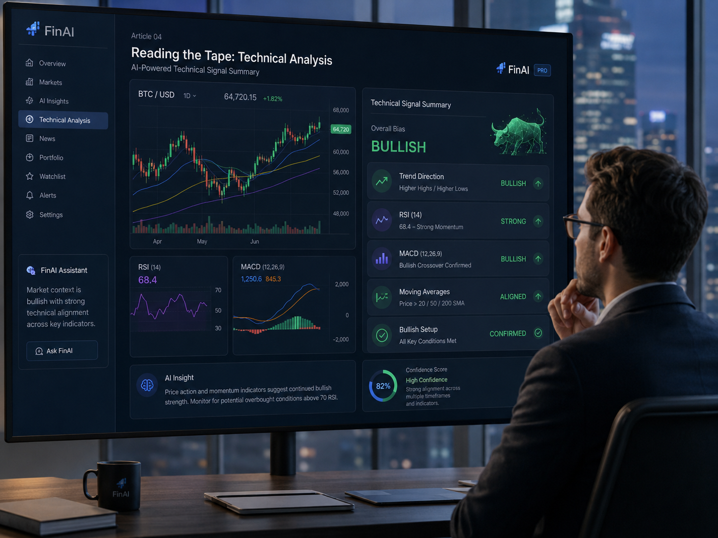 FinAi dashboard displaying an AI-powered technical signal summary with trend, RSI, MACD and moving averages