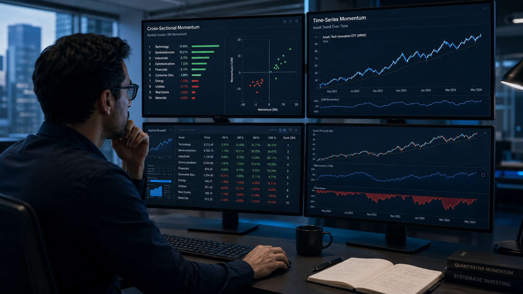 Analyst viewing Cross-Sectional Momentum rankings alongside a Time-Series Momentum trend chart