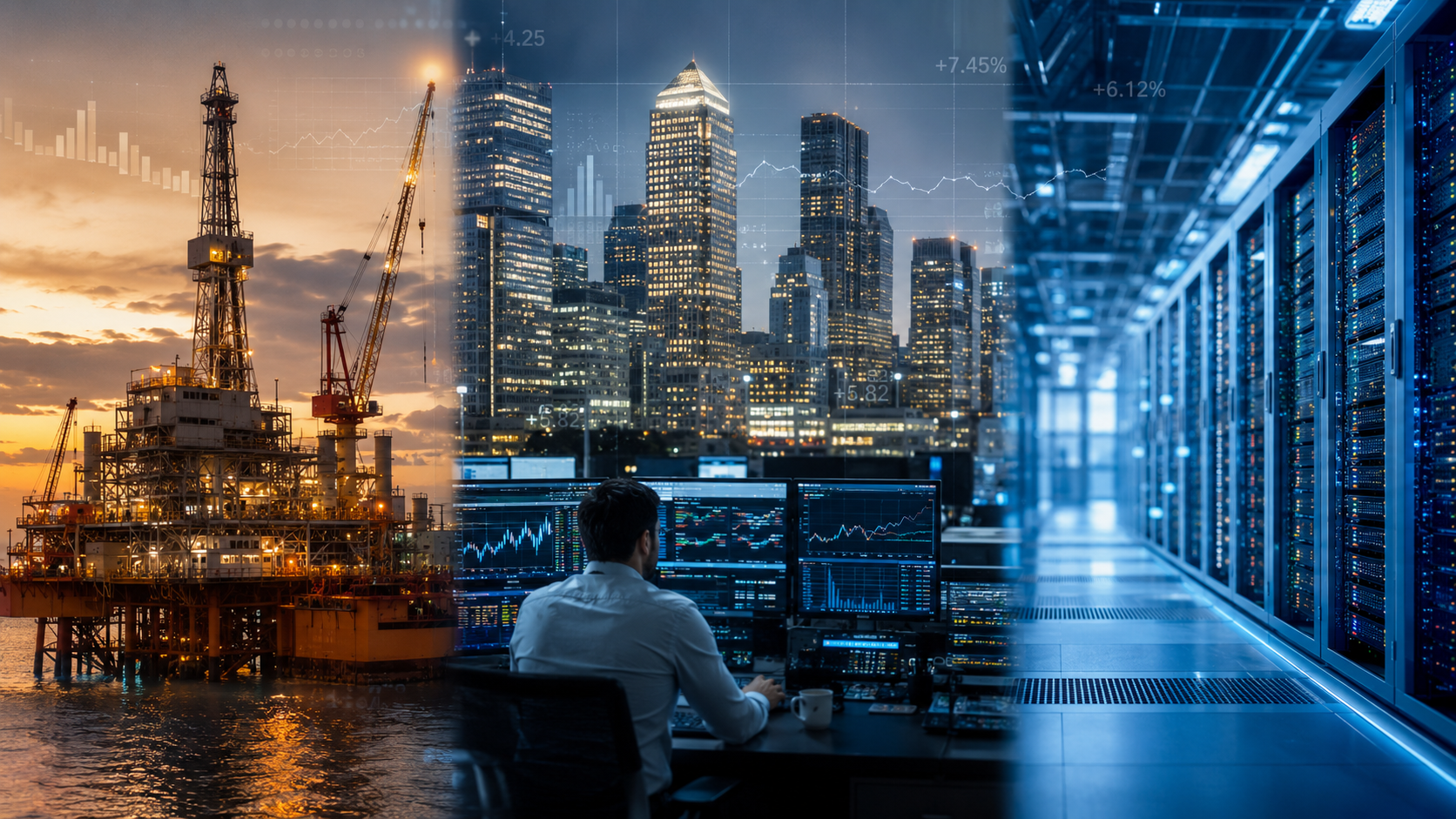 Triptych collage of an oil rig, a financial-district skyline, and a data center, blended with market chart overlays.