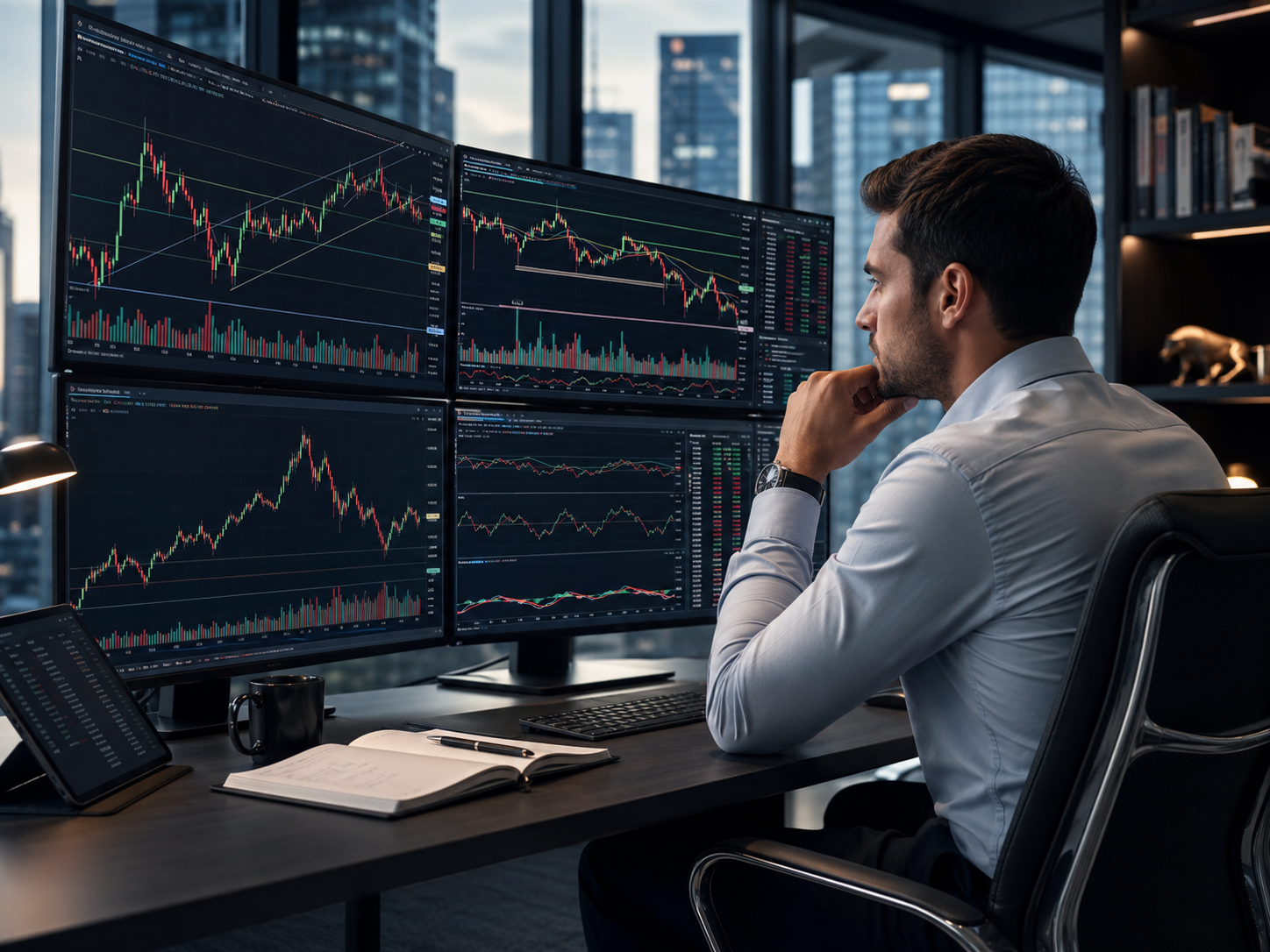 Analyst studying multiple monitors of price charts at a trading desk