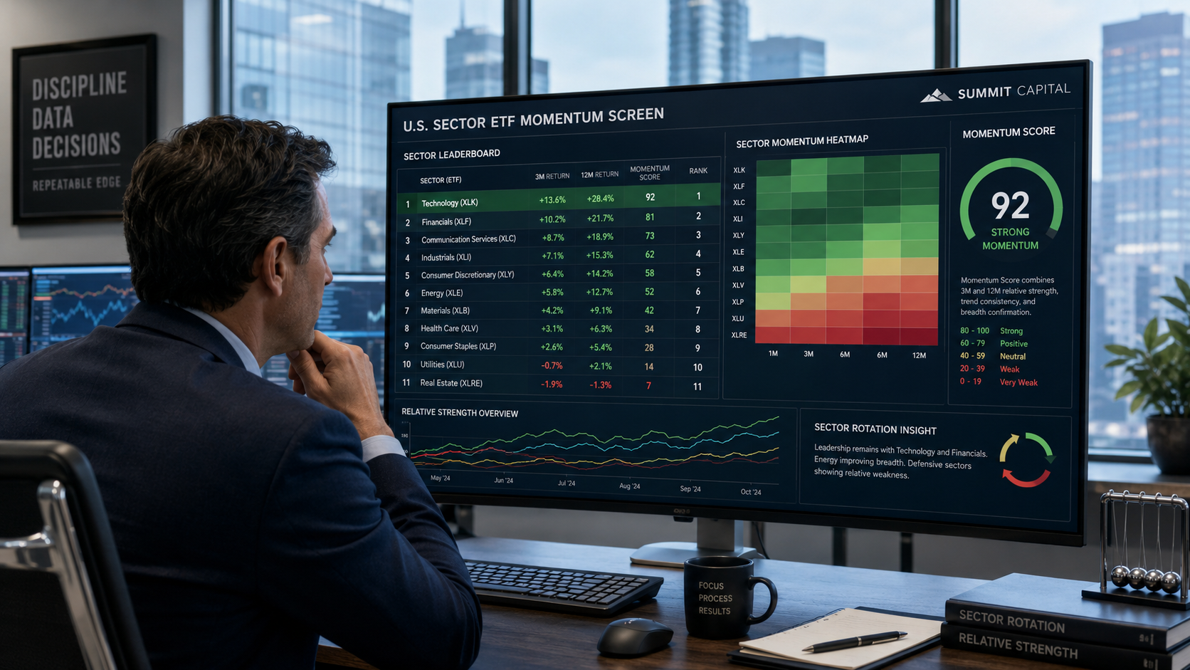 U.S. sector ETF momentum screen with leaderboard, sector momentum heatmap and a momentum score gauge.