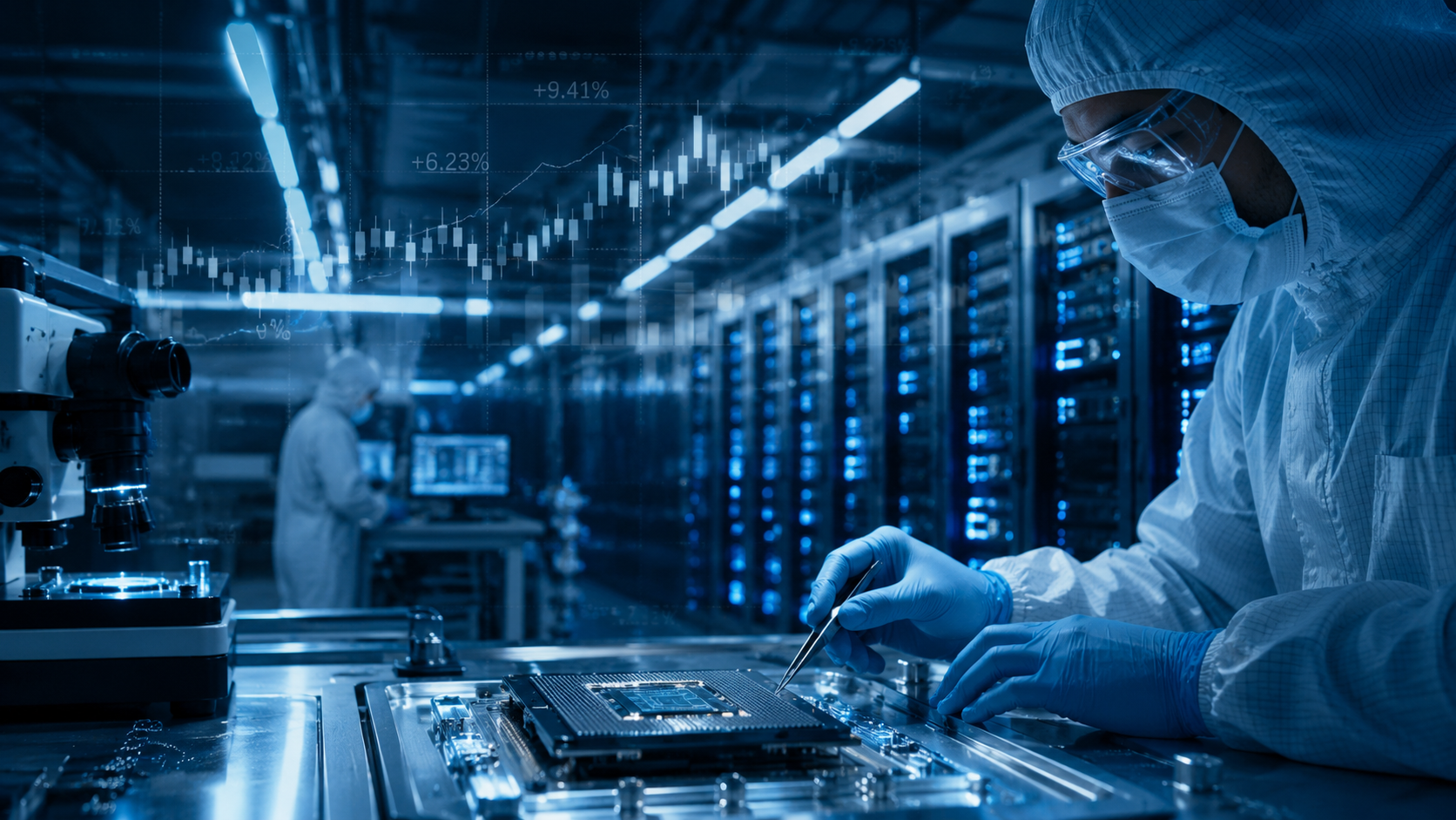 Engineer in a cleanroom inspecting a semiconductor wafer with chart overlays in the background.