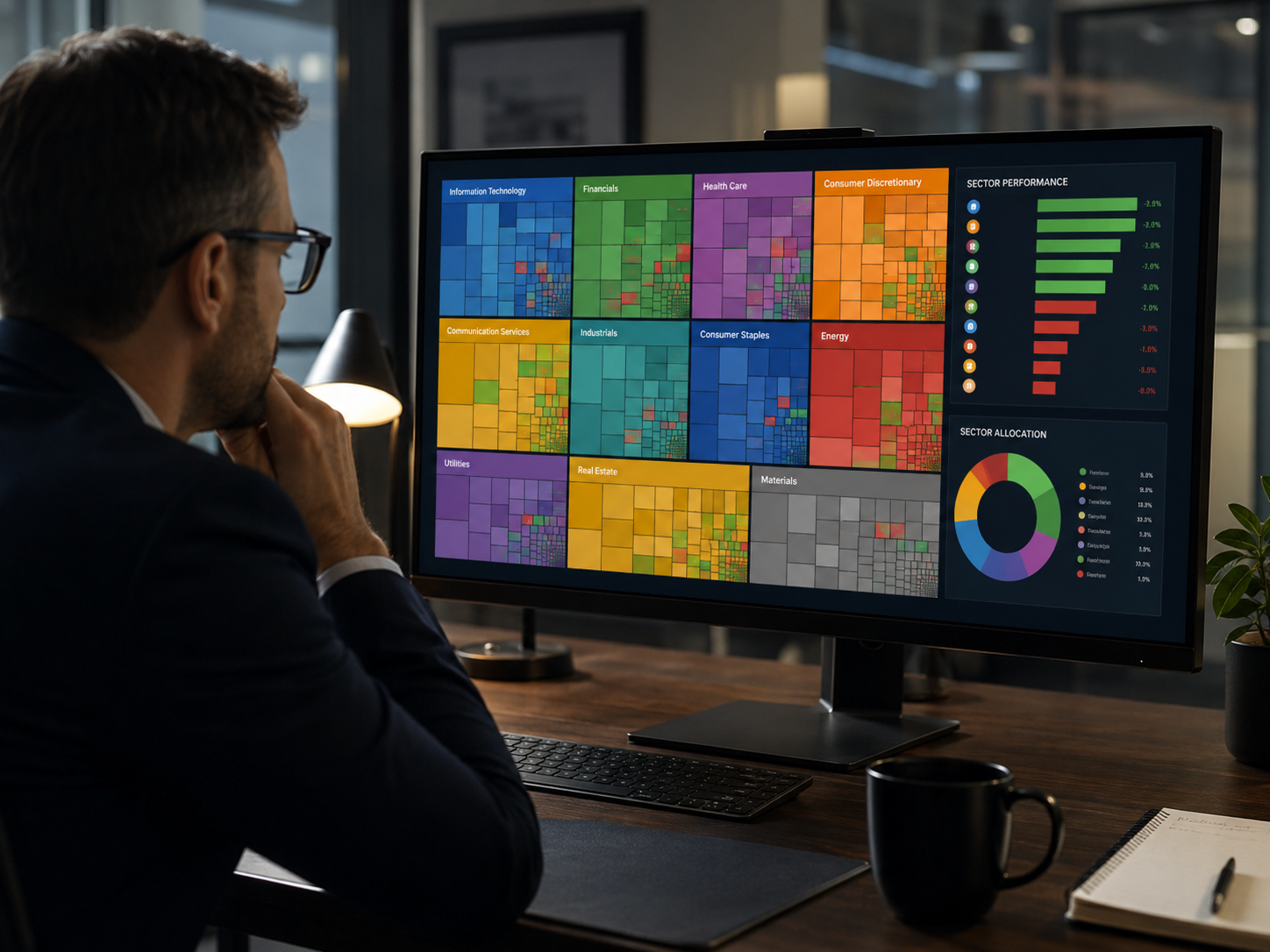 Analyst viewing a market treemap dashboard of all 11 GICS sectors with performance and allocation panels
