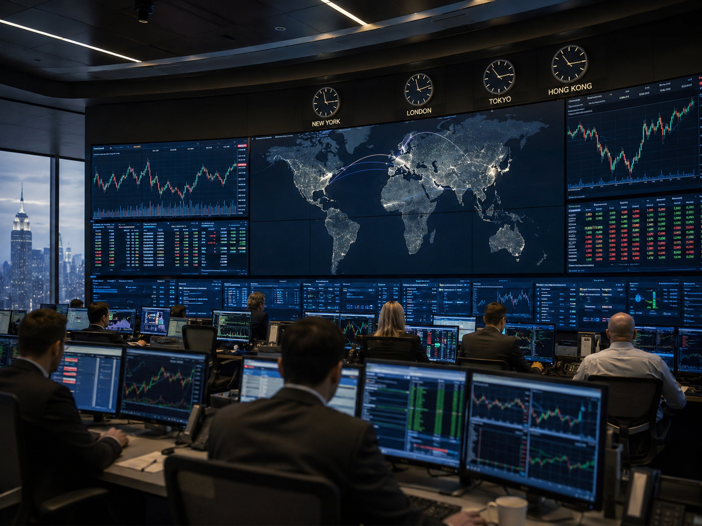 Global trading desk with clocks for New York, London, Tokyo and Hong Kong above a world map.