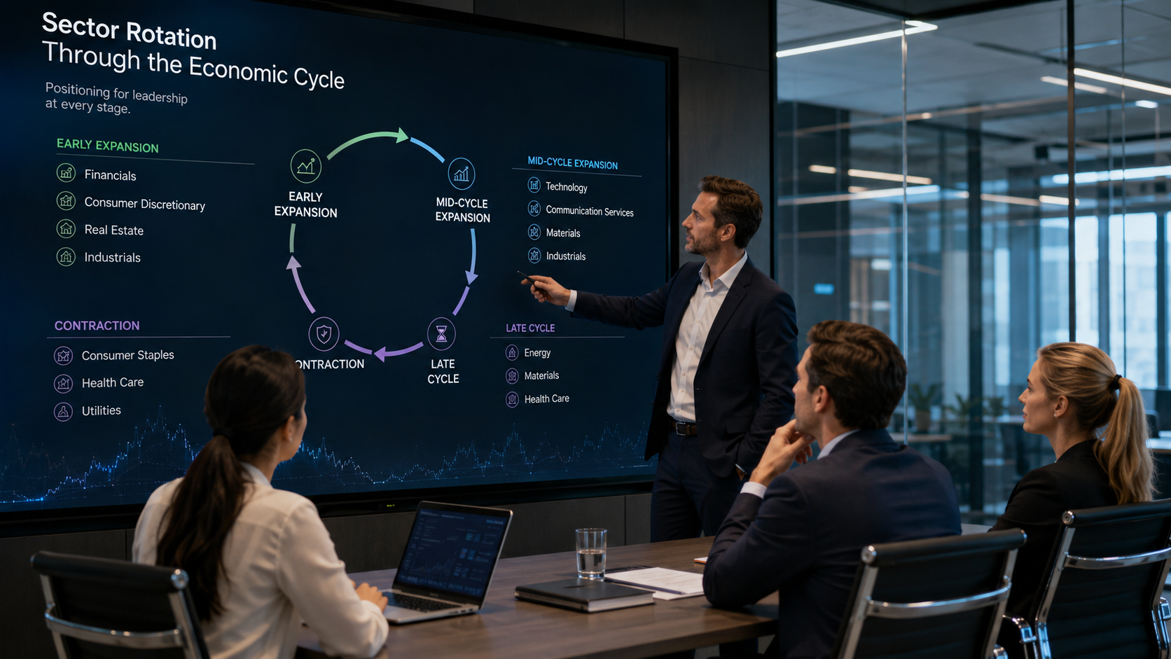 Boardroom presentation of a sector rotation diagram showing early expansion, mid-cycle, late cycle and contraction phases with leading sectors.