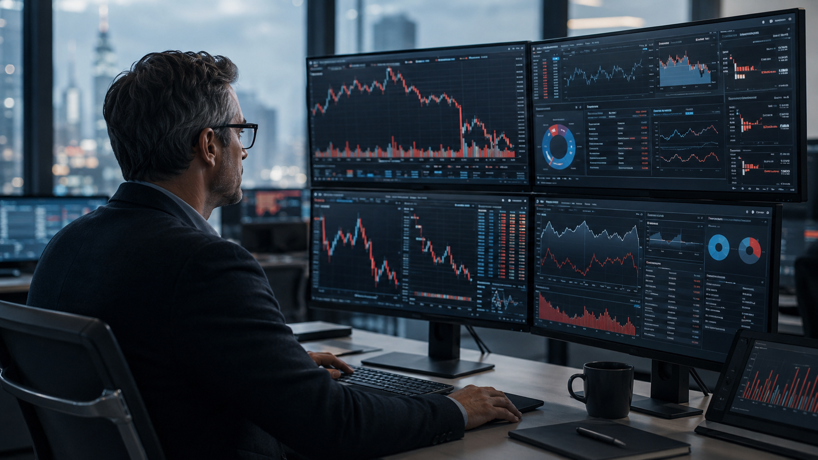 Trader watching a dashboard of sharp red downtrends and drawdown charts