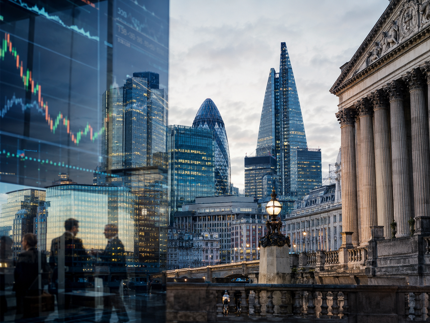 City of London skyline at dusk with the Gherkin and Shard, reflected behind a live chart.
