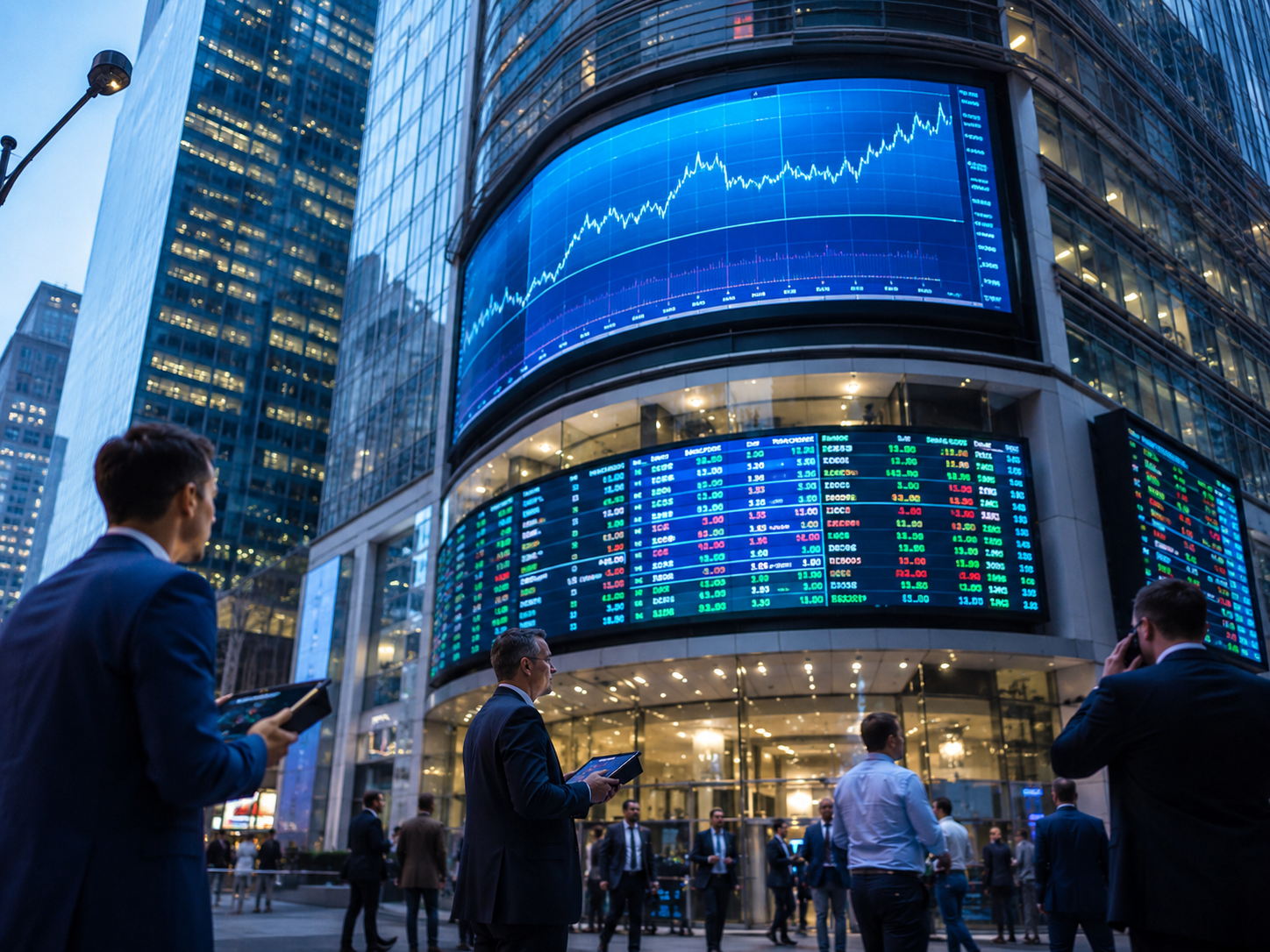 Investors watching an outdoor stock ticker wall with live quotes and a candlestick chart.
