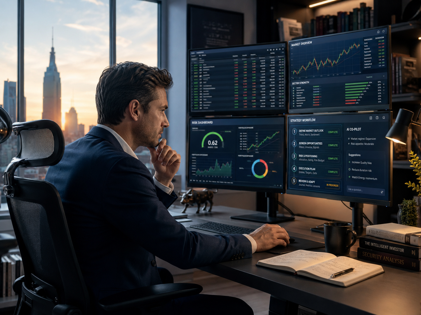 Executive at a multi-monitor desk reviewing market overview, risk dashboard, a five-step strategy workflow and an AI co-pilot panel at sunset