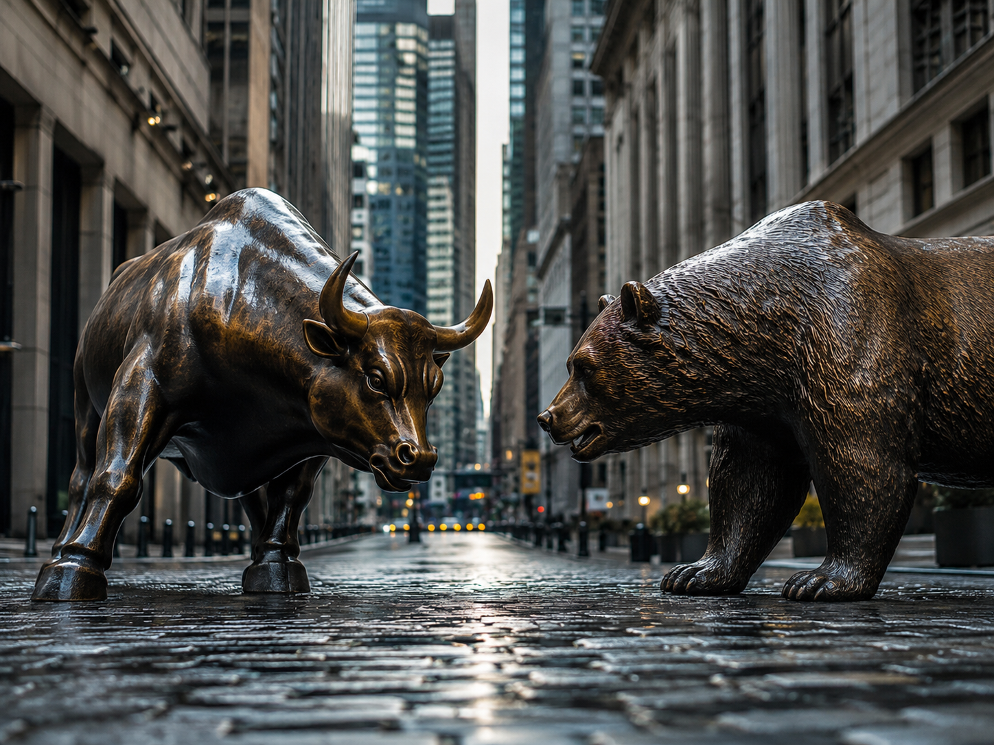 Bronze bull and bear statues facing each other on a Wall Street-style avenue.