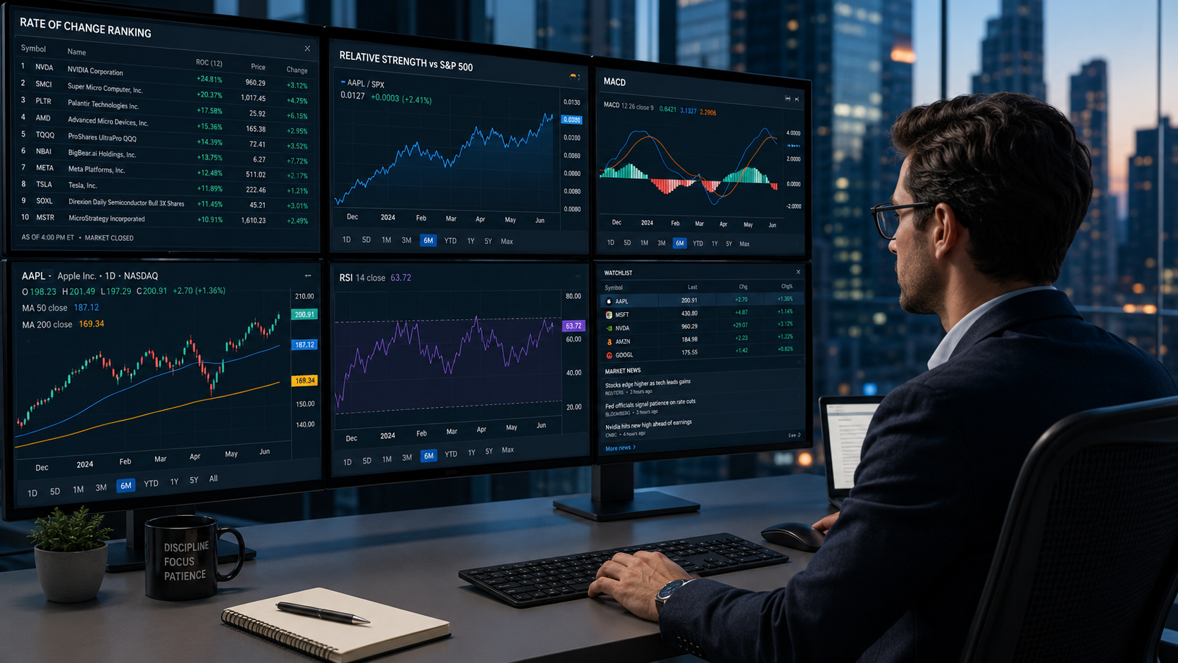 Trader at a multi-monitor desk showing rate of change ranking, relative strength versus the S&P 500, MACD, RSI and a watchlist.