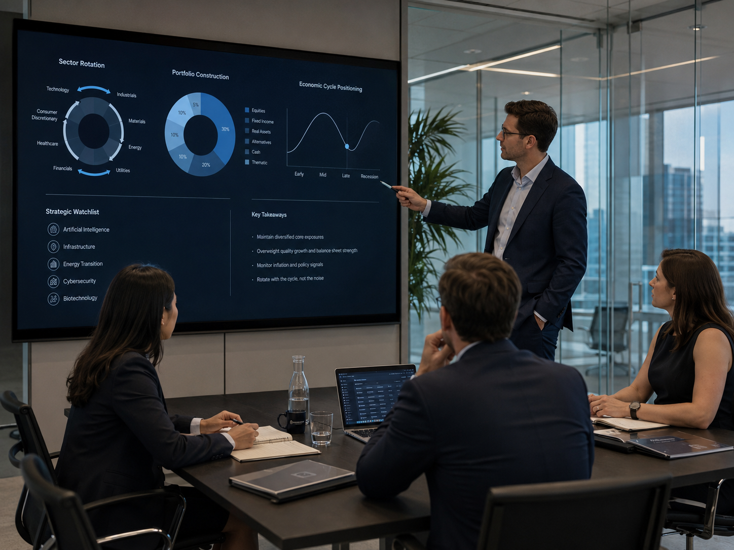 Analyst presenting sector rotation, portfolio construction and economic cycle positioning charts to colleagues in a boardroom