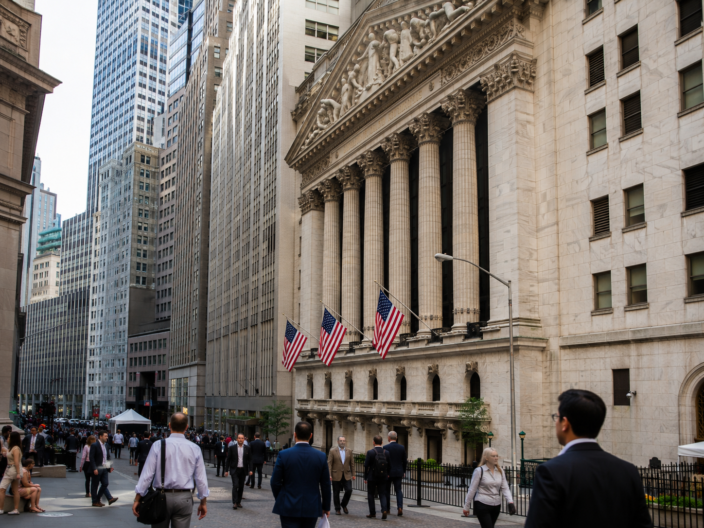Neoclassical façade of the New York Stock Exchange on Wall Street with three US flags.