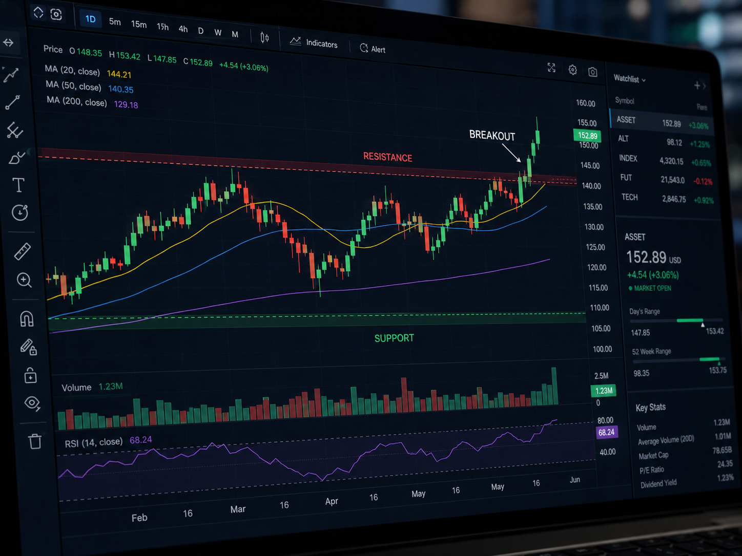 Price chart showing support, resistance and a breakout above a key level